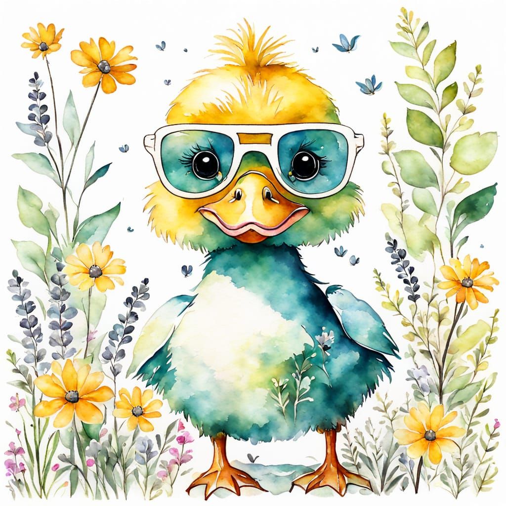 Whimsical Watercolor Duckling in Fancy Eyeglasses