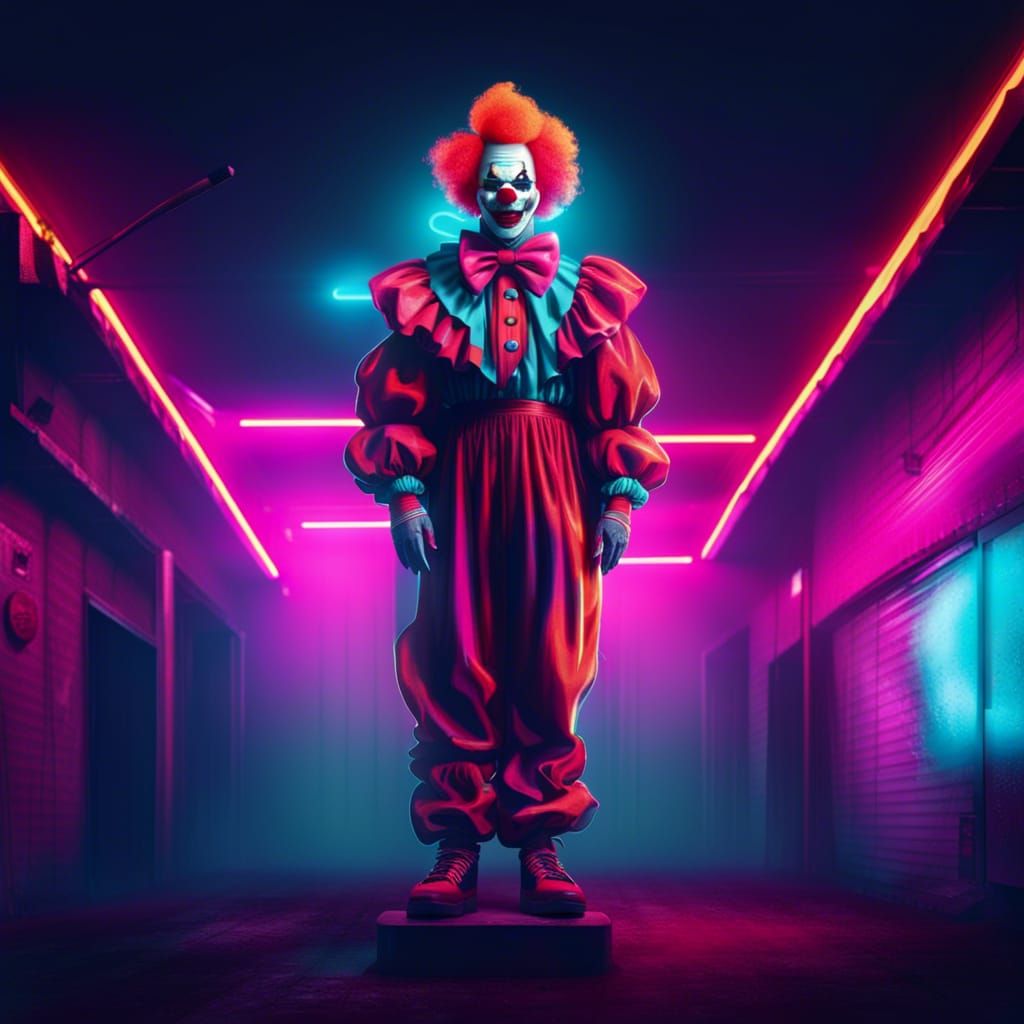 Eerie Cyberpunk Clown in Neon Terror