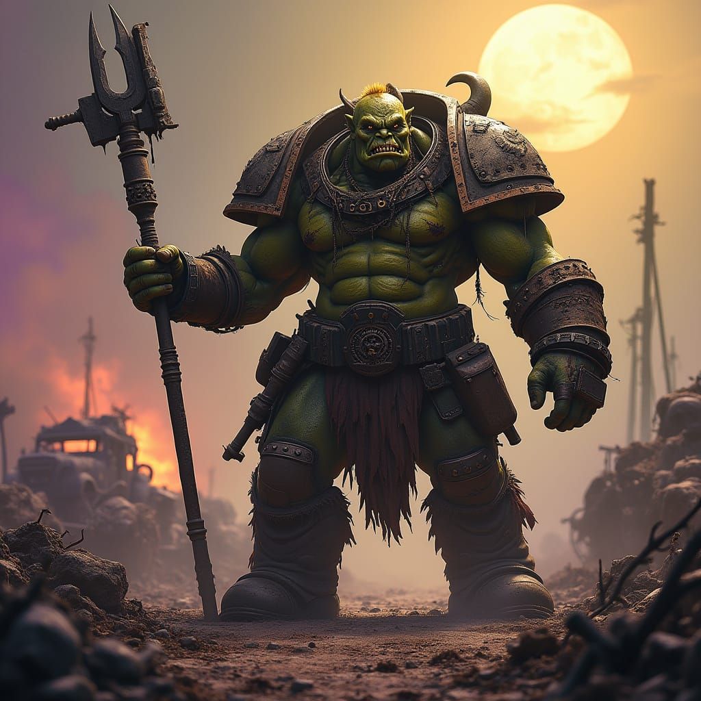 Grimdark Ork Warboss in Mad Max Style Post-Apocalyptic Waste...