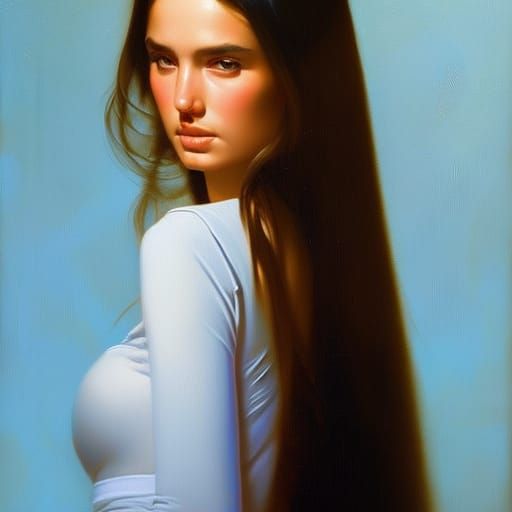 Breathtaking Young Woman in a Seductive Pose, Oil Painting