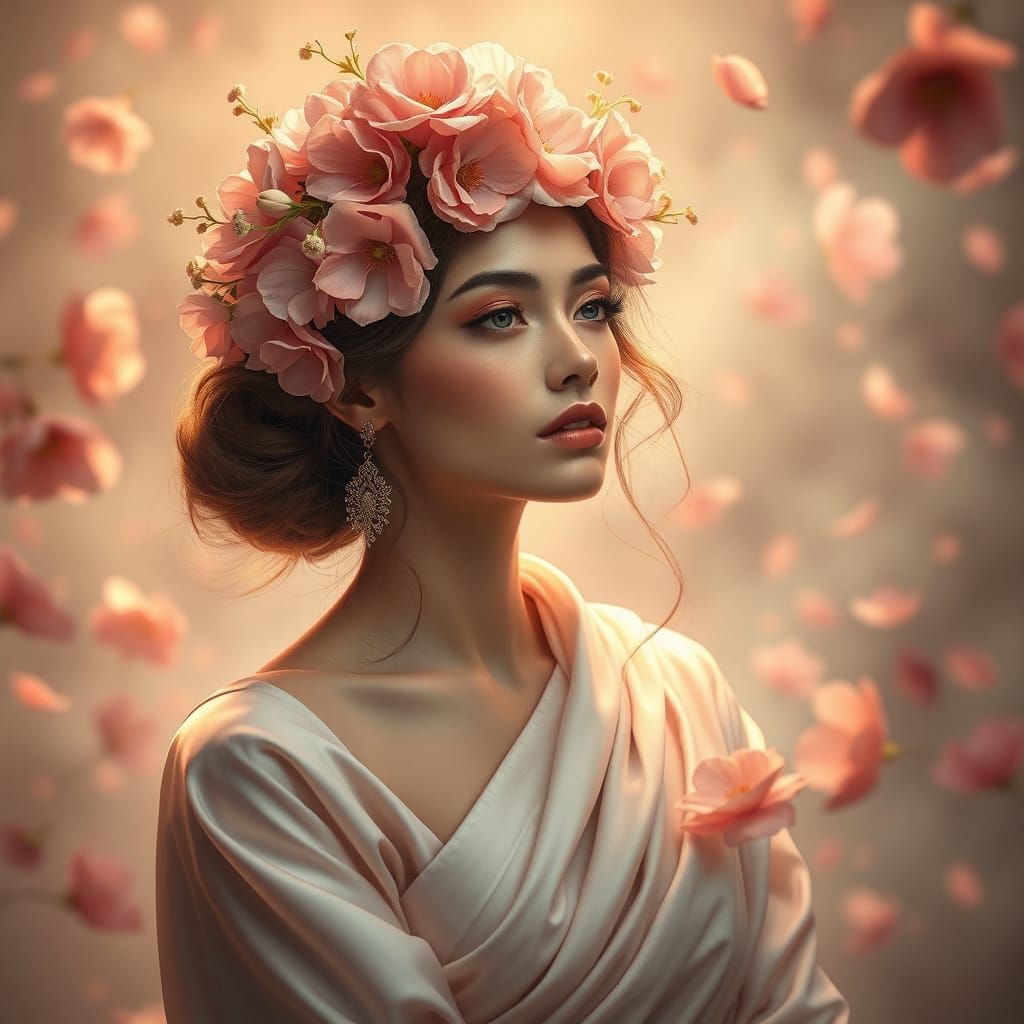 Ultra-detailed digital painting of a woman framed by floatin...