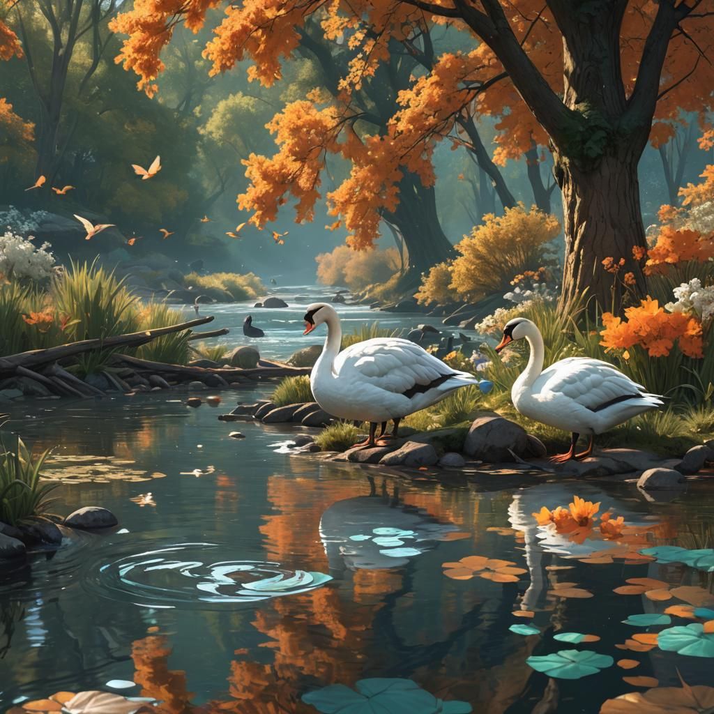 Majestic Birds on a Triadic Colored River Scene