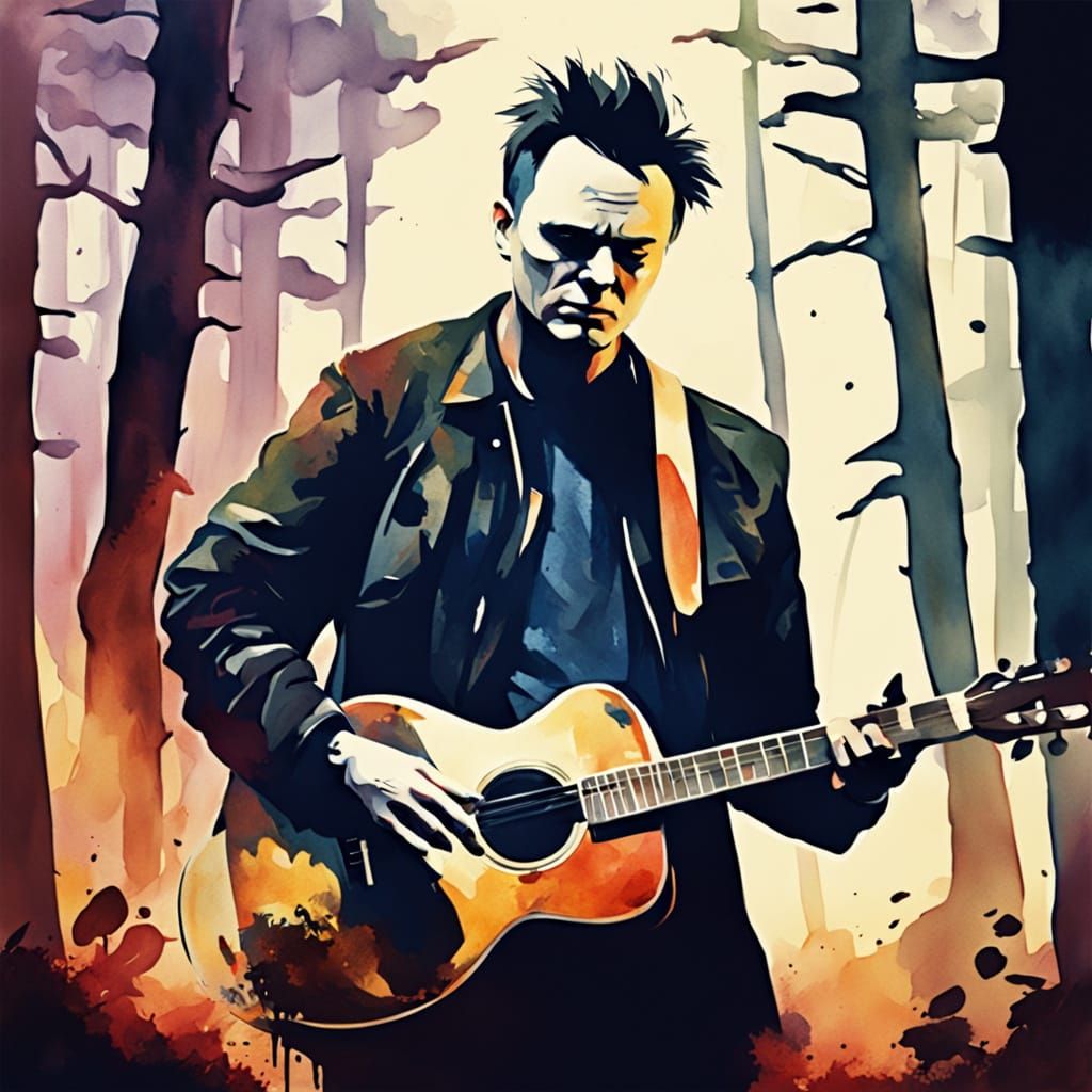 Surreal Watercolor of Zombie Mark Hoppus in Eerie Forest