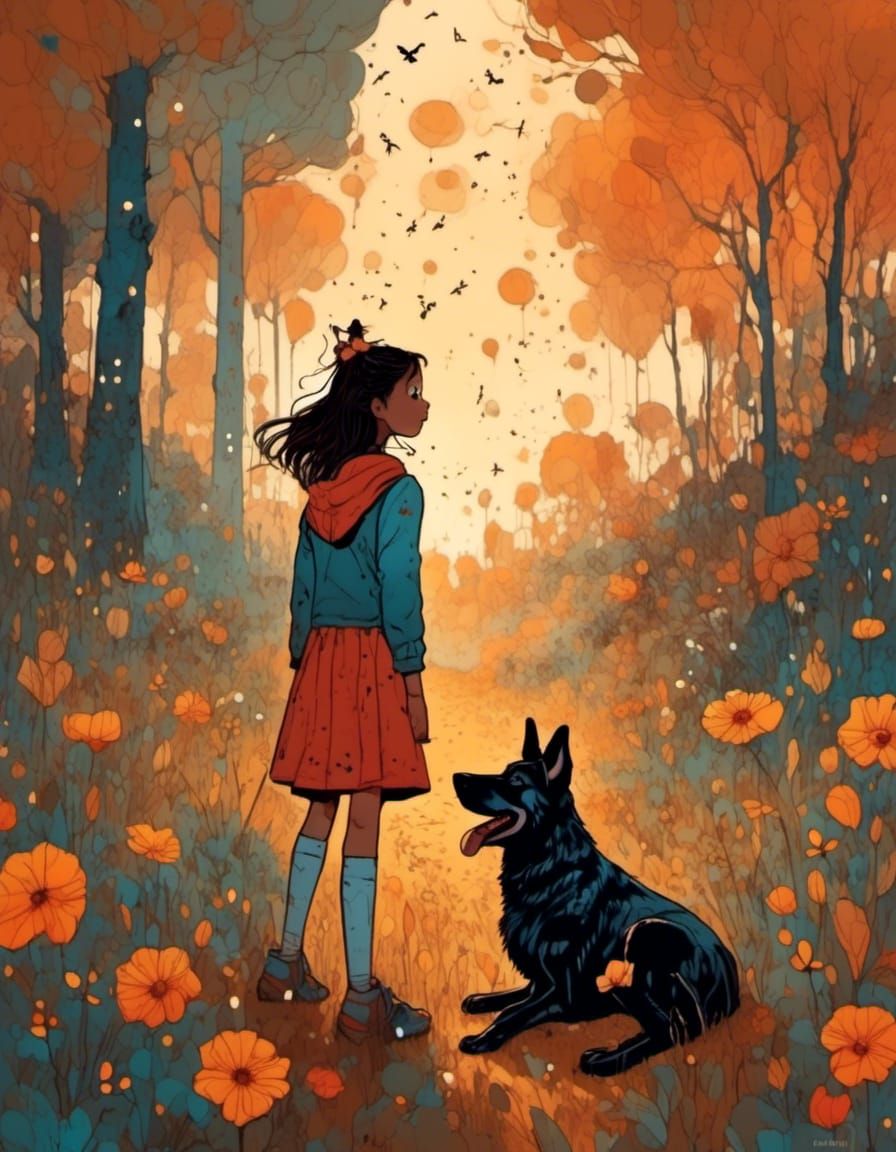 Girl and German Shepherd in Storybook Style