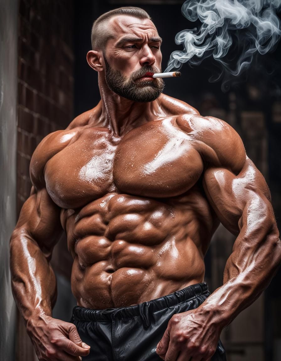 Hyperrealistic Bodybuilder Smoking Cigarette