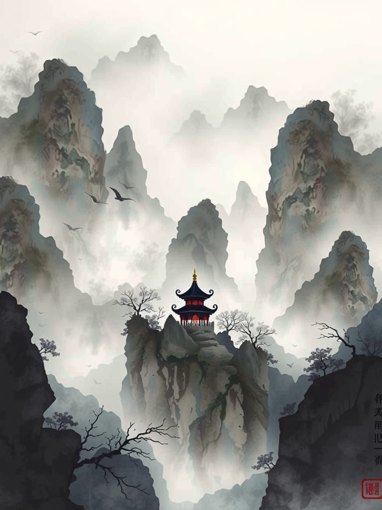 Elegant Minimalist Ink Landscape of Guilin Mountains