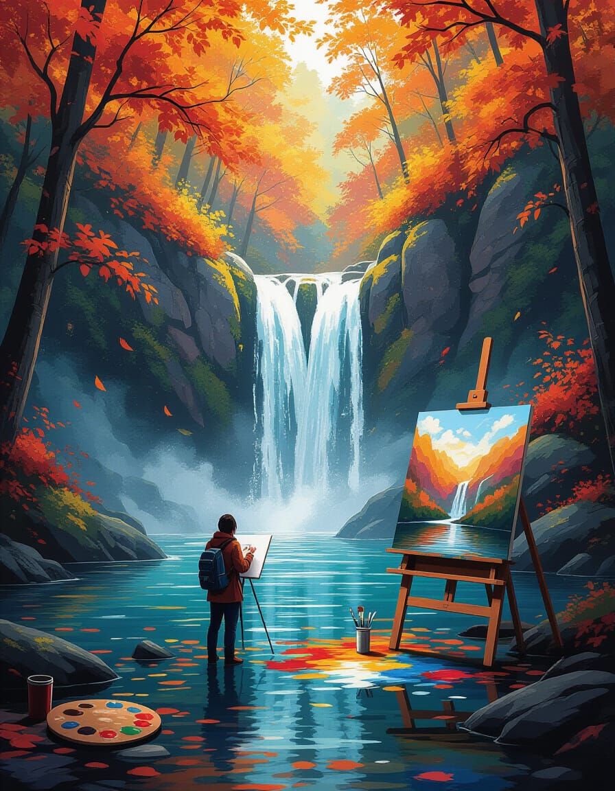 Surreal Waterfall Emerging from Painting, Autumn Forest