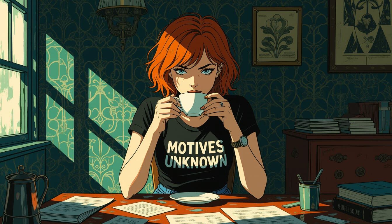 Art Deco Woman Sips Coffee in Dim Apartment