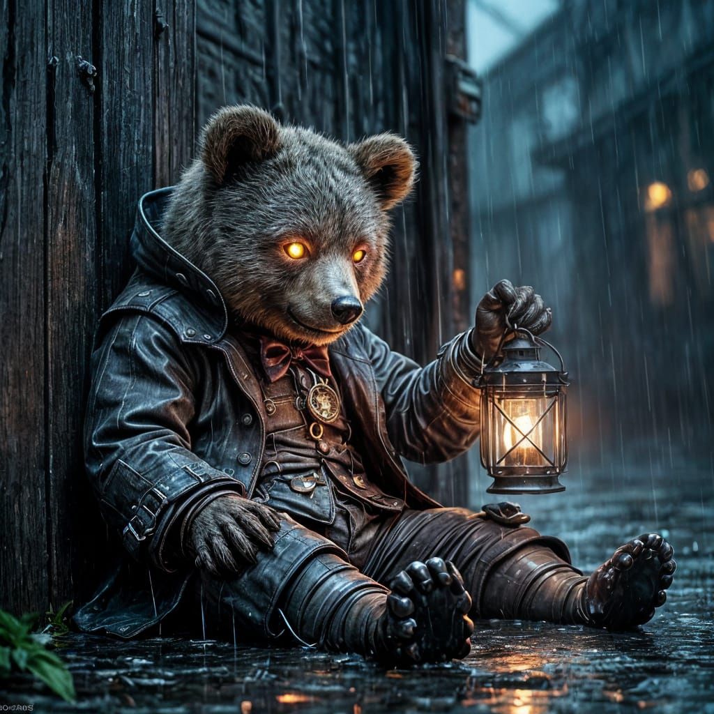 Steampunk Bear in Rain with Glowing Eye