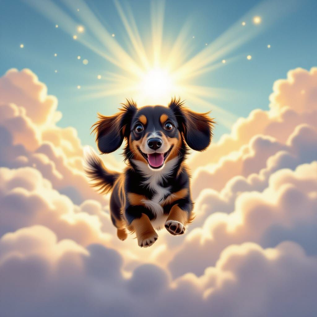Cute Dachshund Leaping Through Heavenly Clouds