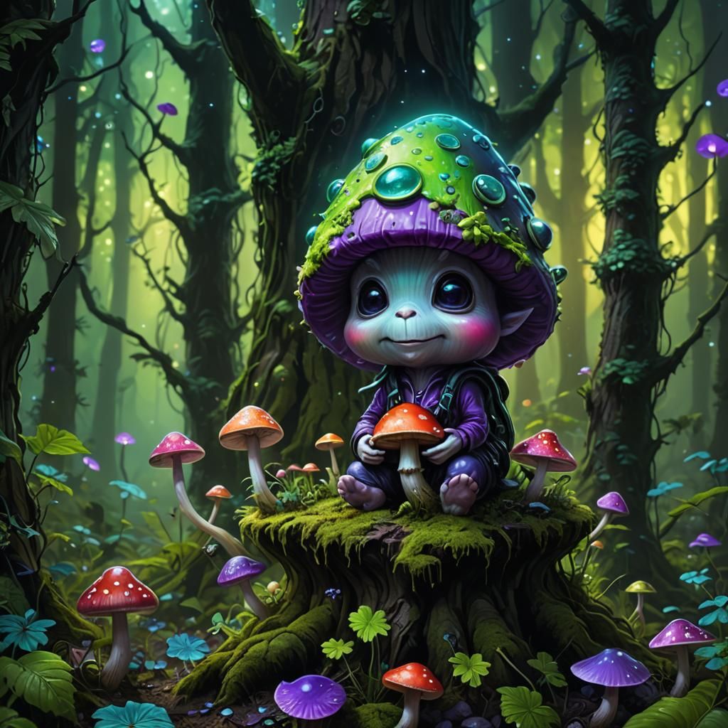 Bioluminescent Mushroom Gnome in Alien Forest