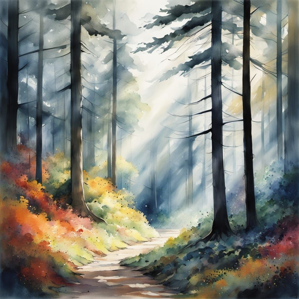 Vibrant Forest Trail in Energetic Ink and Watercolor