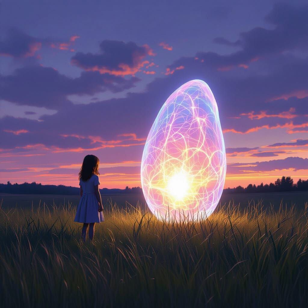 Girl Meets Ethereal Light Object in Twilight Field