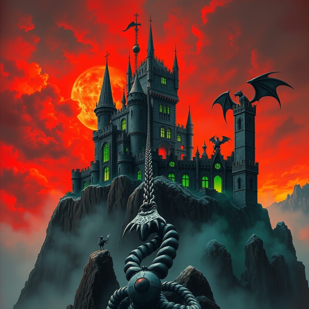 Gothic Metal Castle with Clockwork Gargoyles