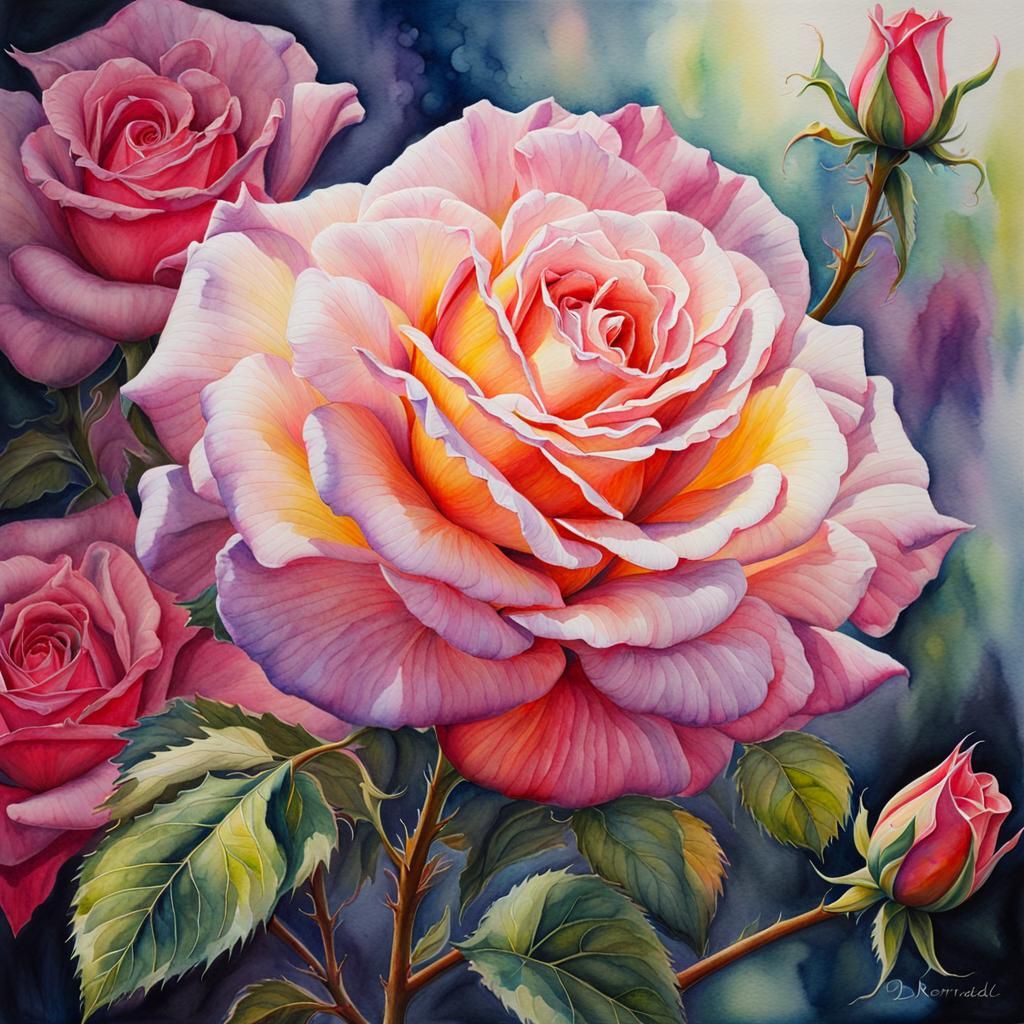Fantasy Rose Blooms with Intricate Watercolour Delicacy
