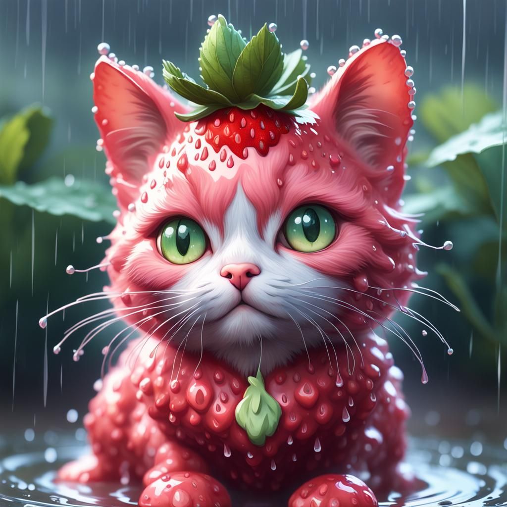 Vibrant Strawberry Cat Basks in Rainy Light, Rendered in Hyp...