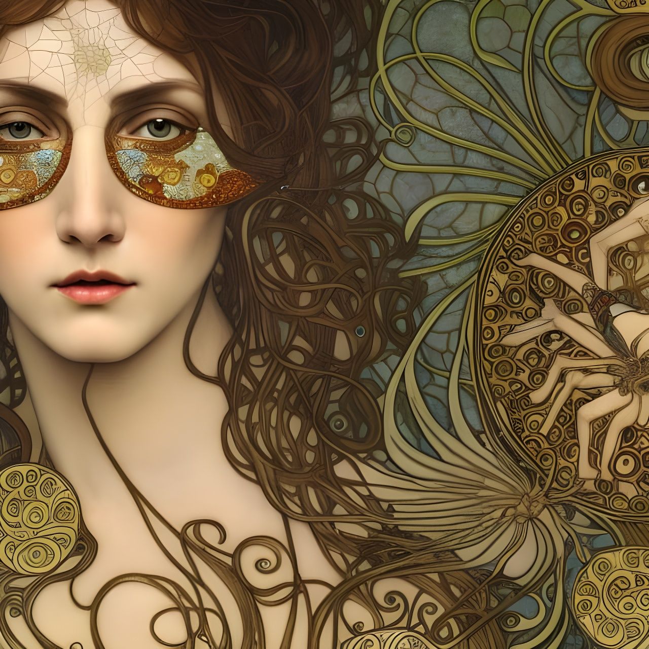 Art Nouveau Portrait of Woman with Spiders