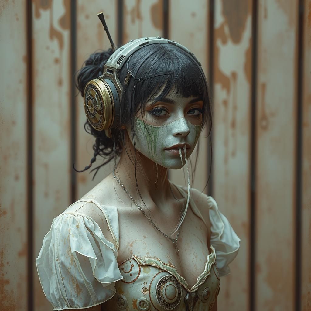 Biopunk Bridesmaid in Wet, Cave-like Environment