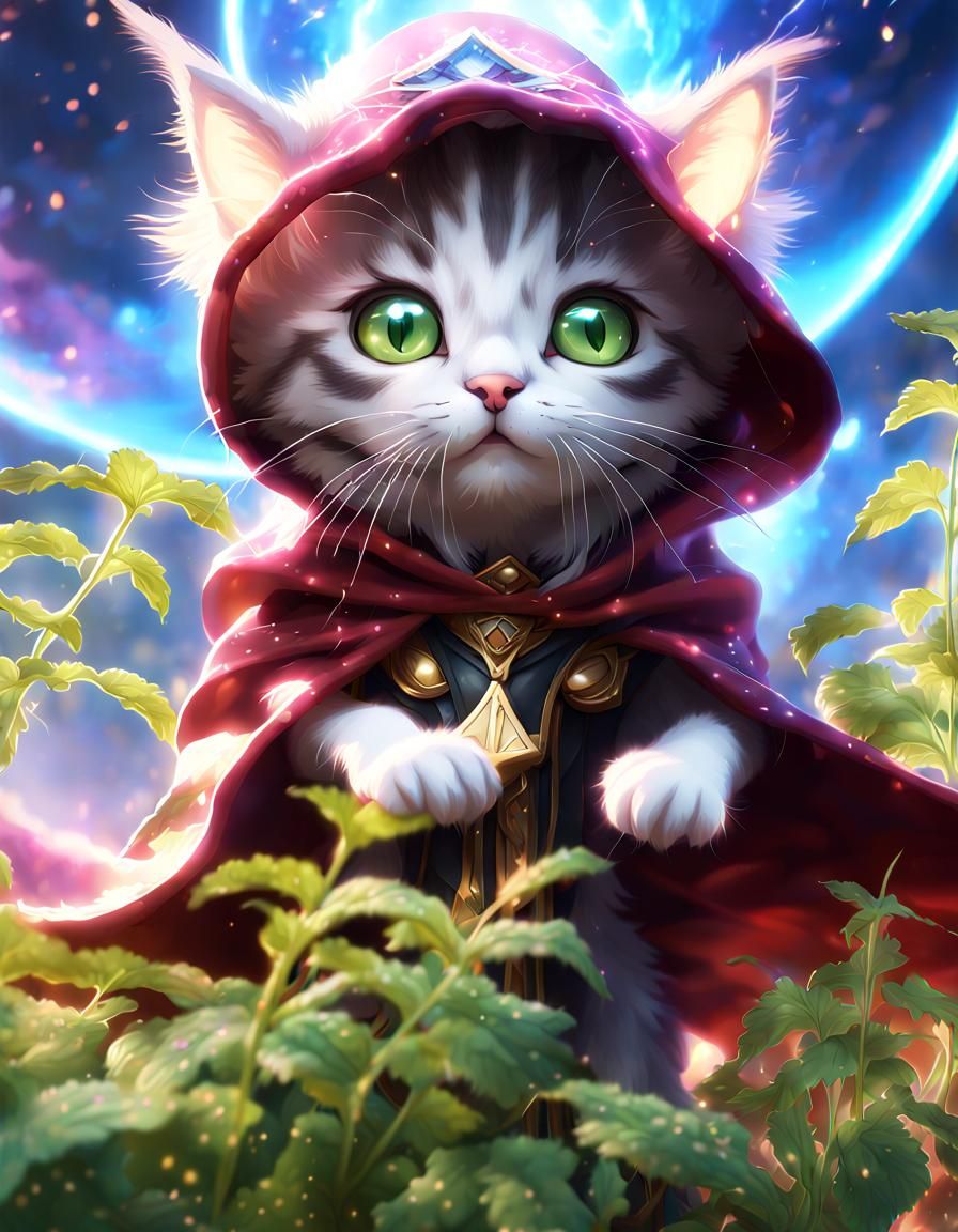 Ethereal Kitten Wizard Wields Cosmic Power in Grand Fantasy....