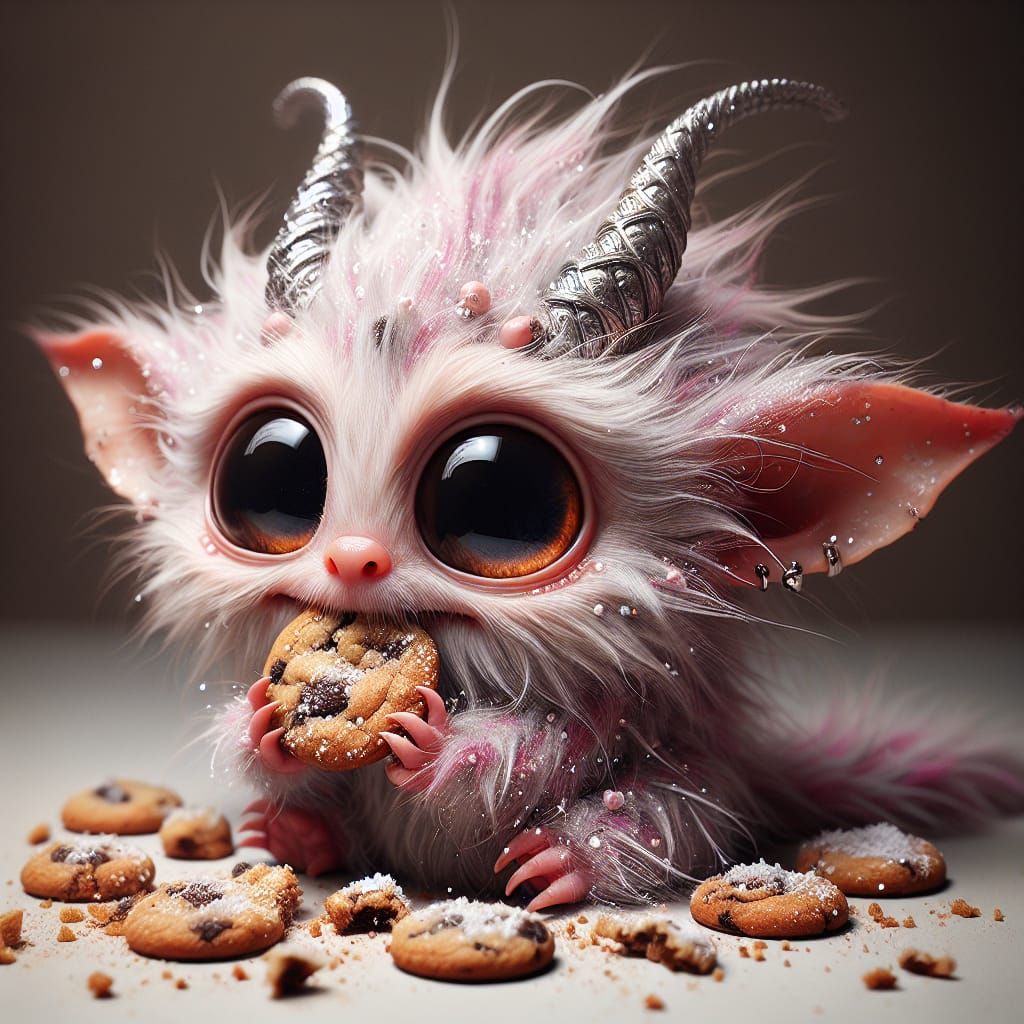 Fuzzy Pink and Silver Monster Enjoys Cookies