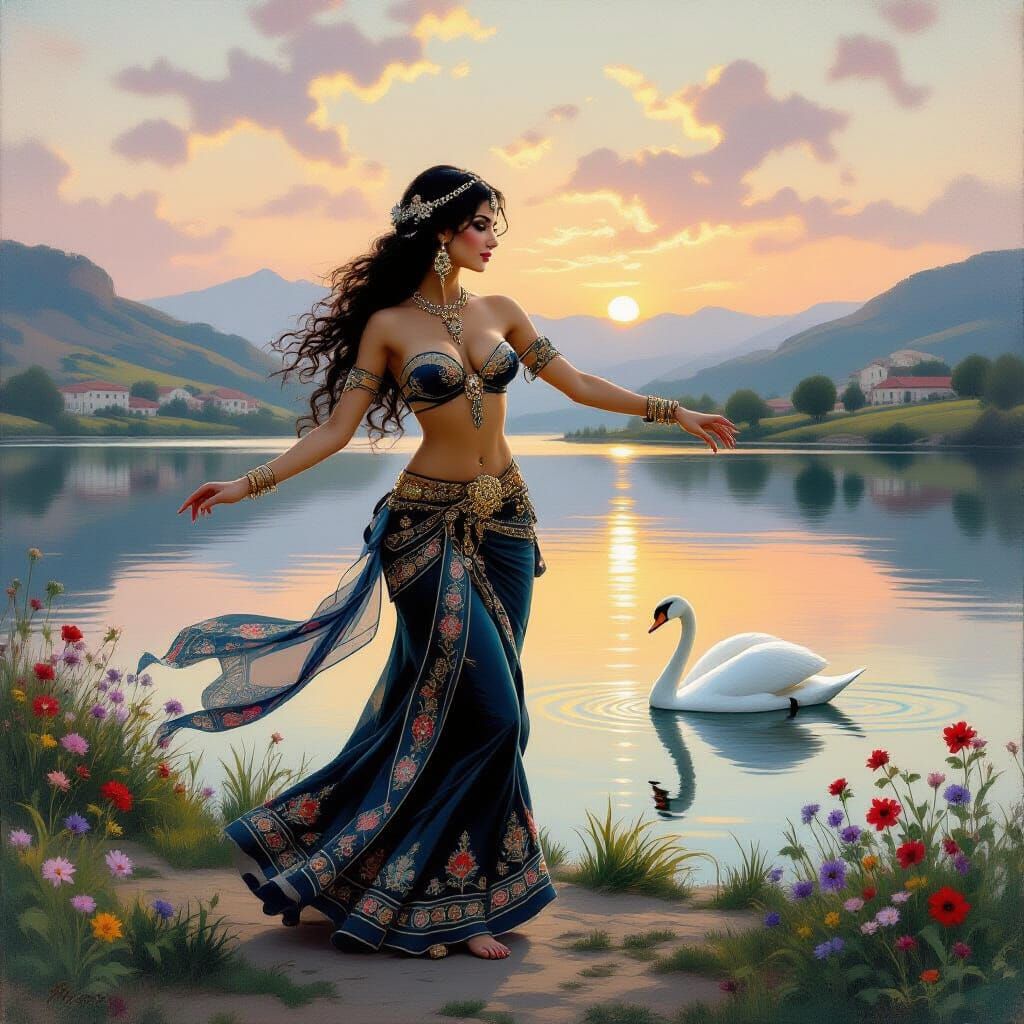 Belly Dancer by Serene Lake at Dawn in Painterly Style