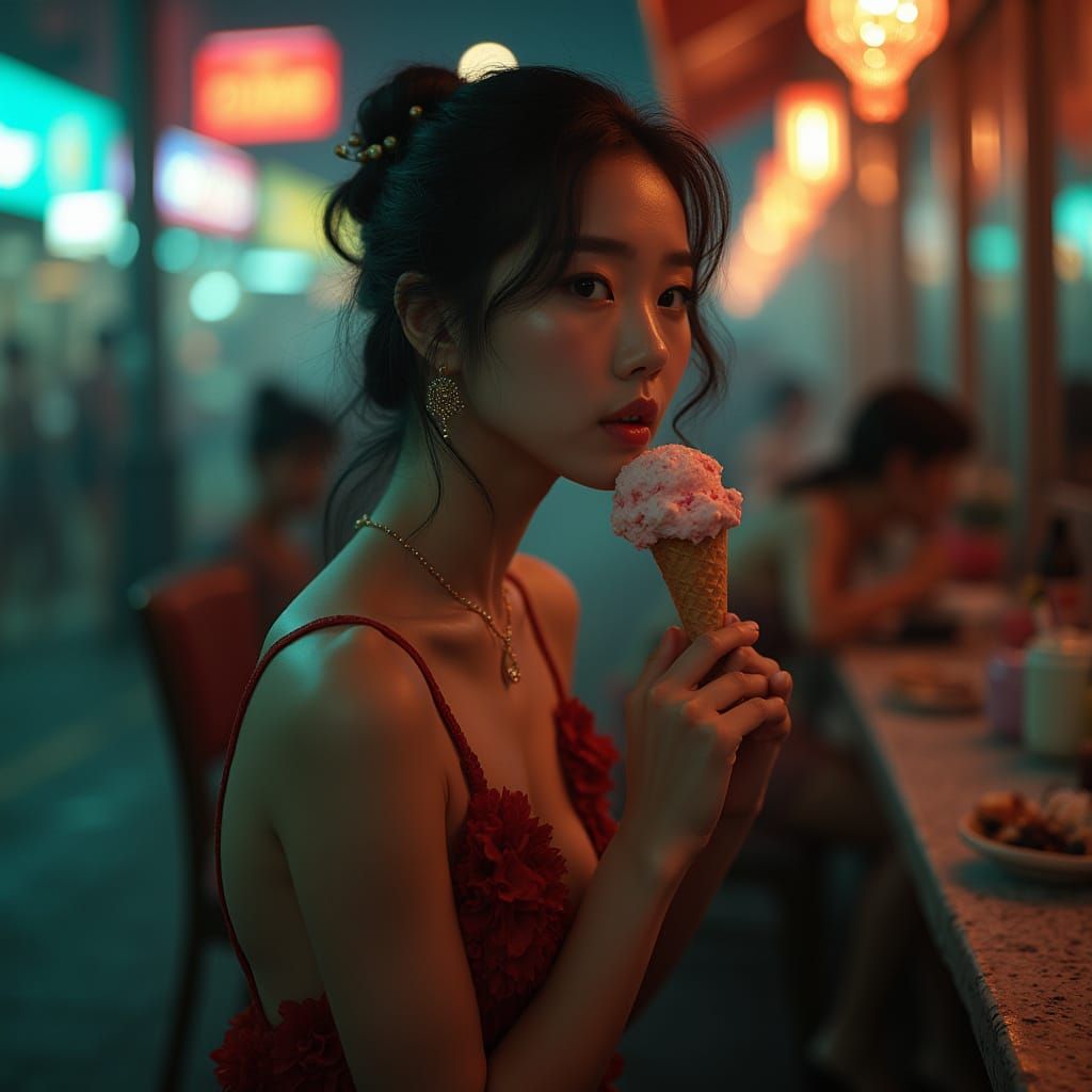 Elegant Woman Savoring Ice Cream: Hyperrealistic Cinematic A...