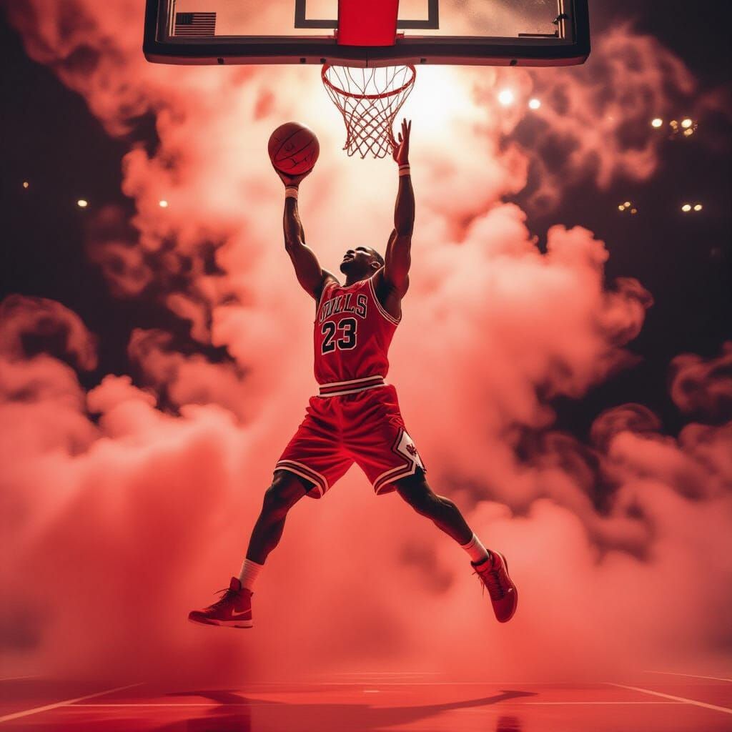 Michael Jordan Slam Dunk in Red Mist Poster Style
