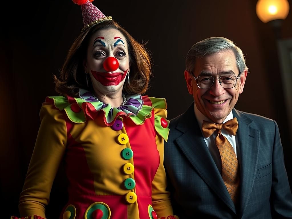 Kamala Harris and George Soros in a Vivid Clown Scene