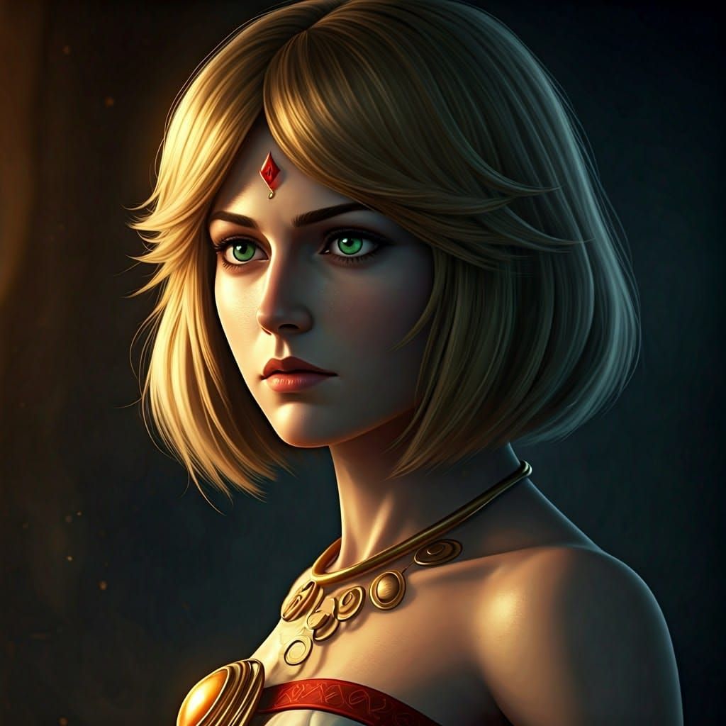 Ethereal Goddess with Short, Golden Hair, Lost in Thought