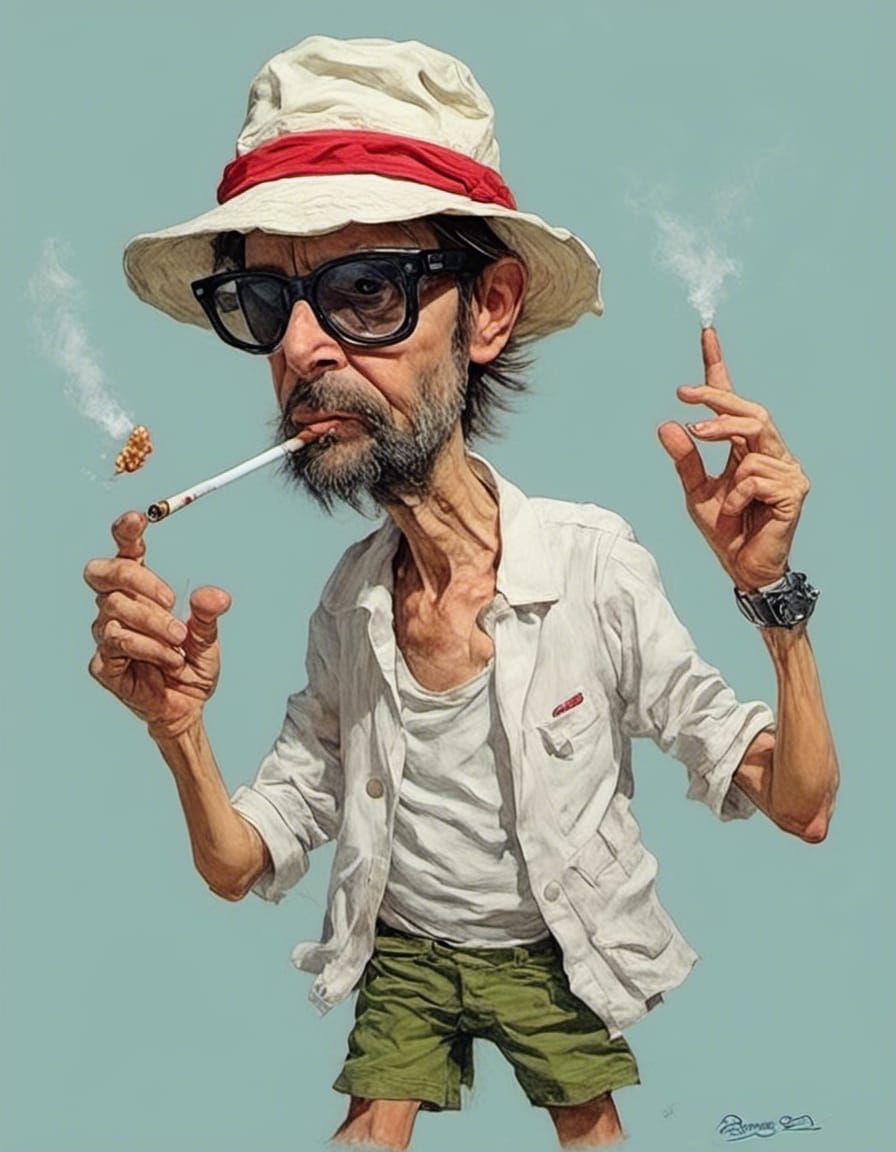 Ralph Steadman Style Cartoon Character in Bermuda Shorts and...