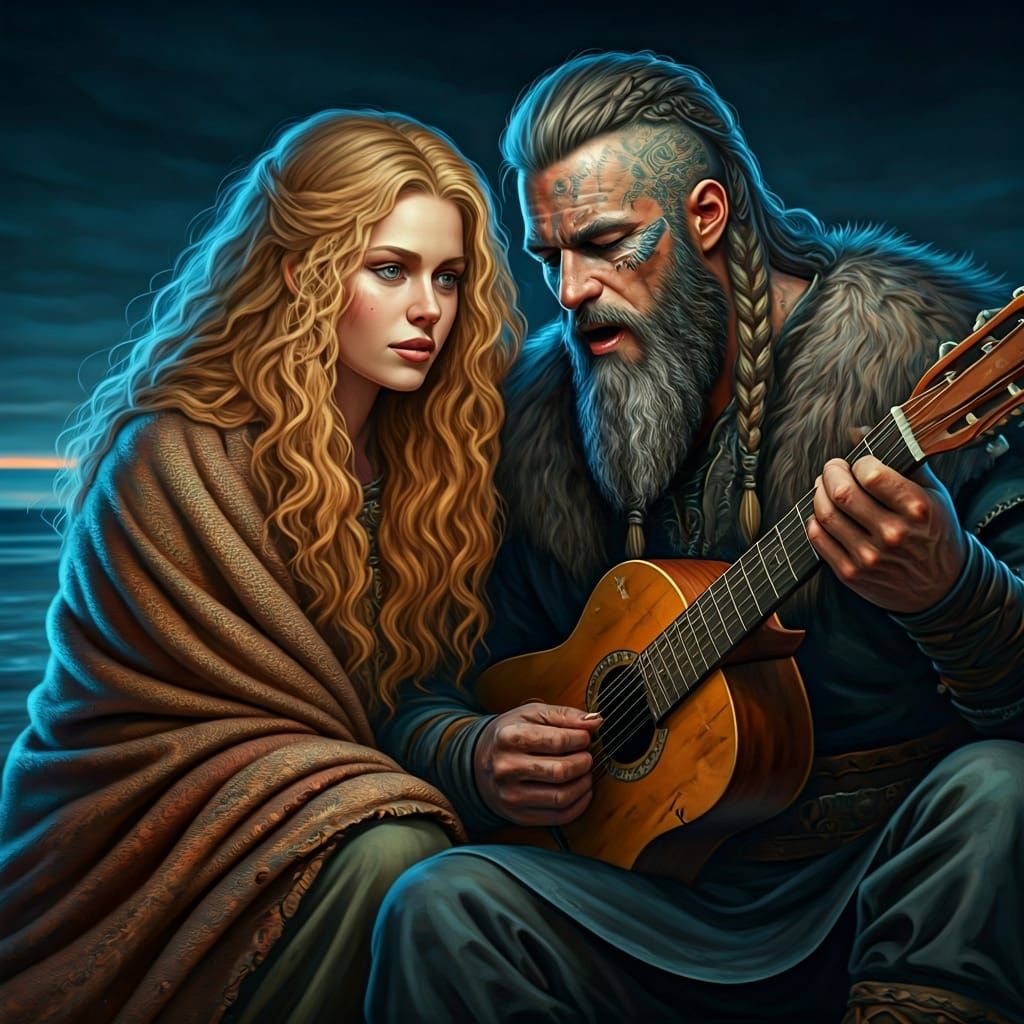 Coastal Firelight: Viking Serenade in Fantasy Art Style