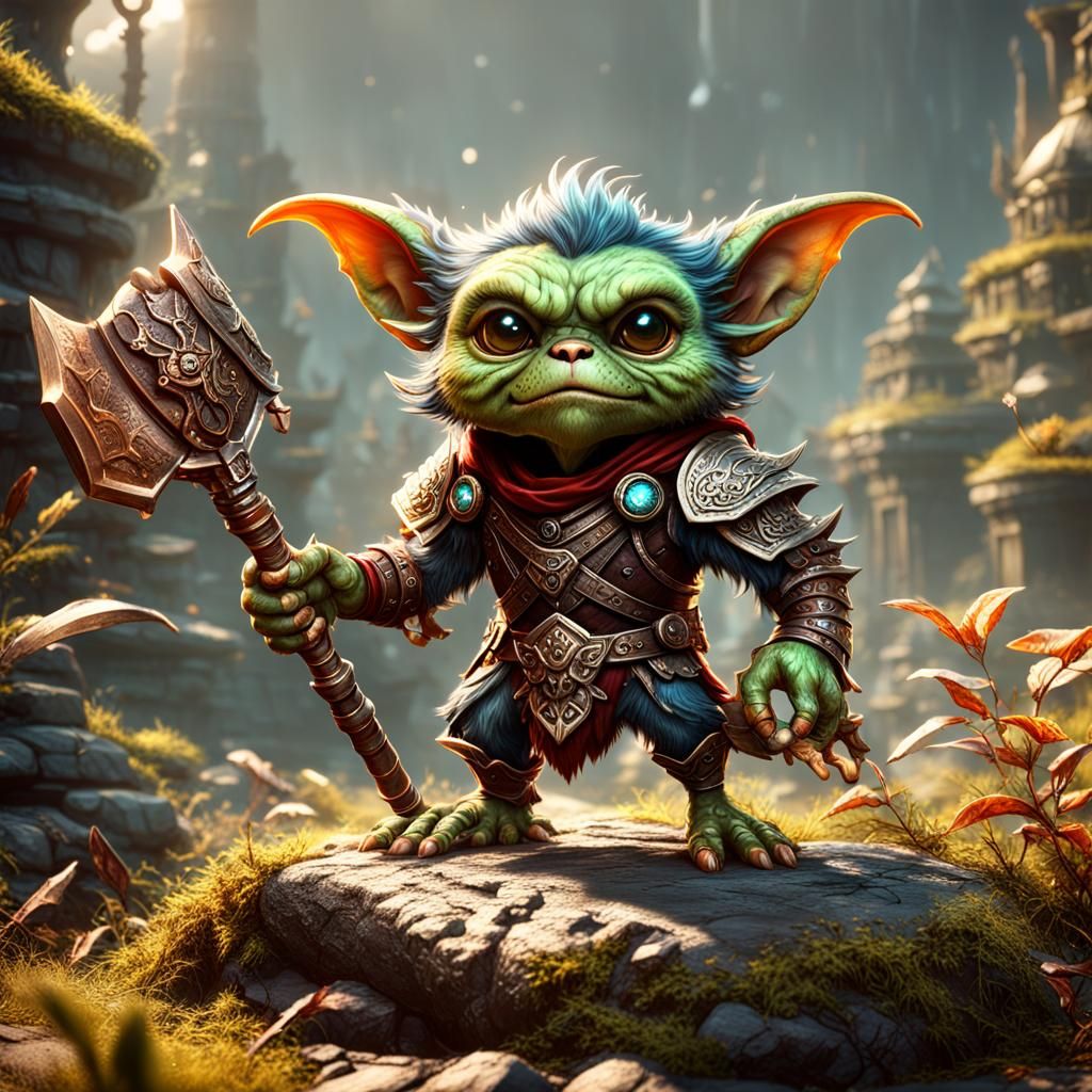 Whomp: Fierce Gremlin Warrior in Fantastical Landscape
