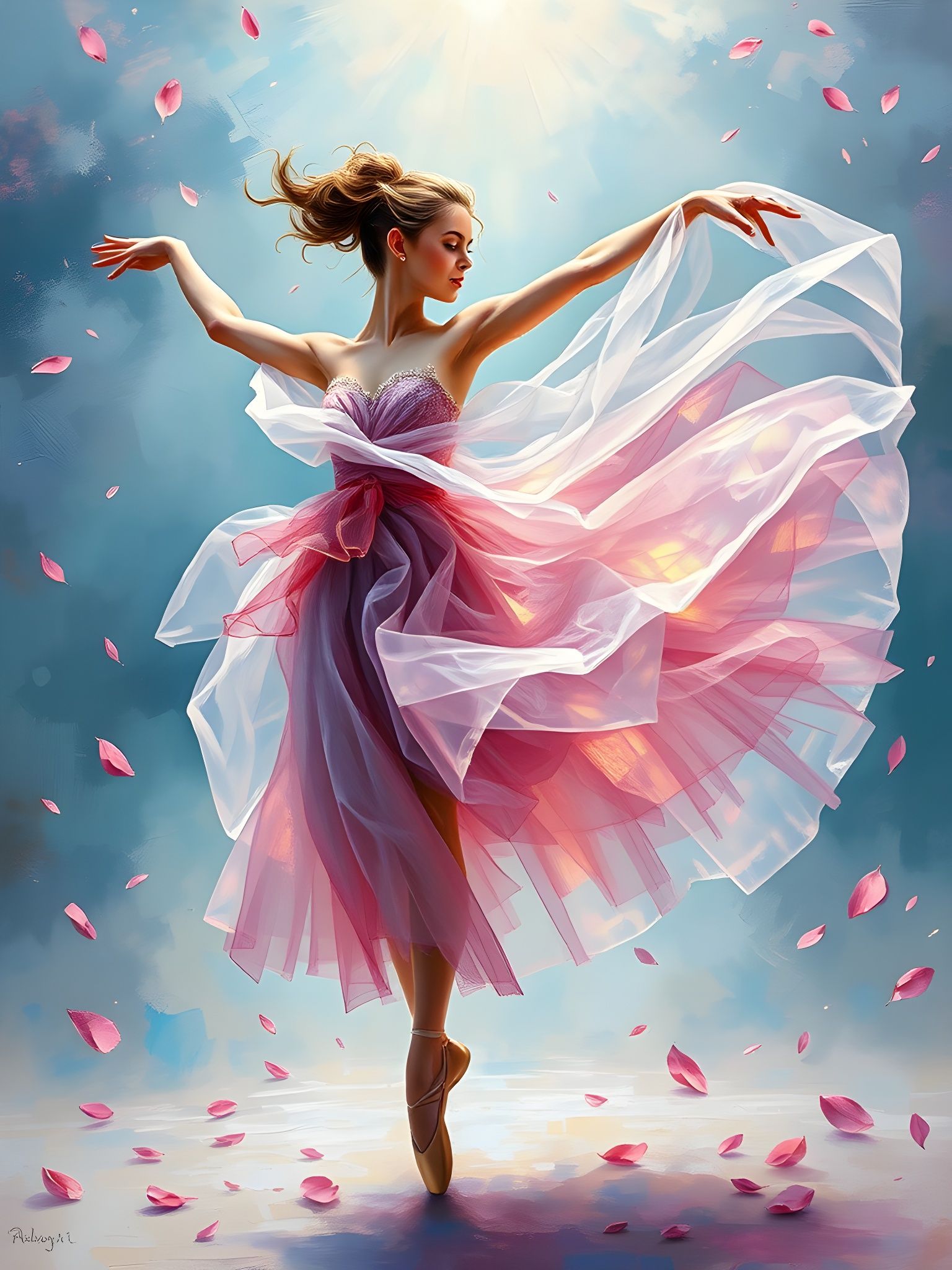 Twirling Ballerina in Iridescent Gown, Ethereal Dance