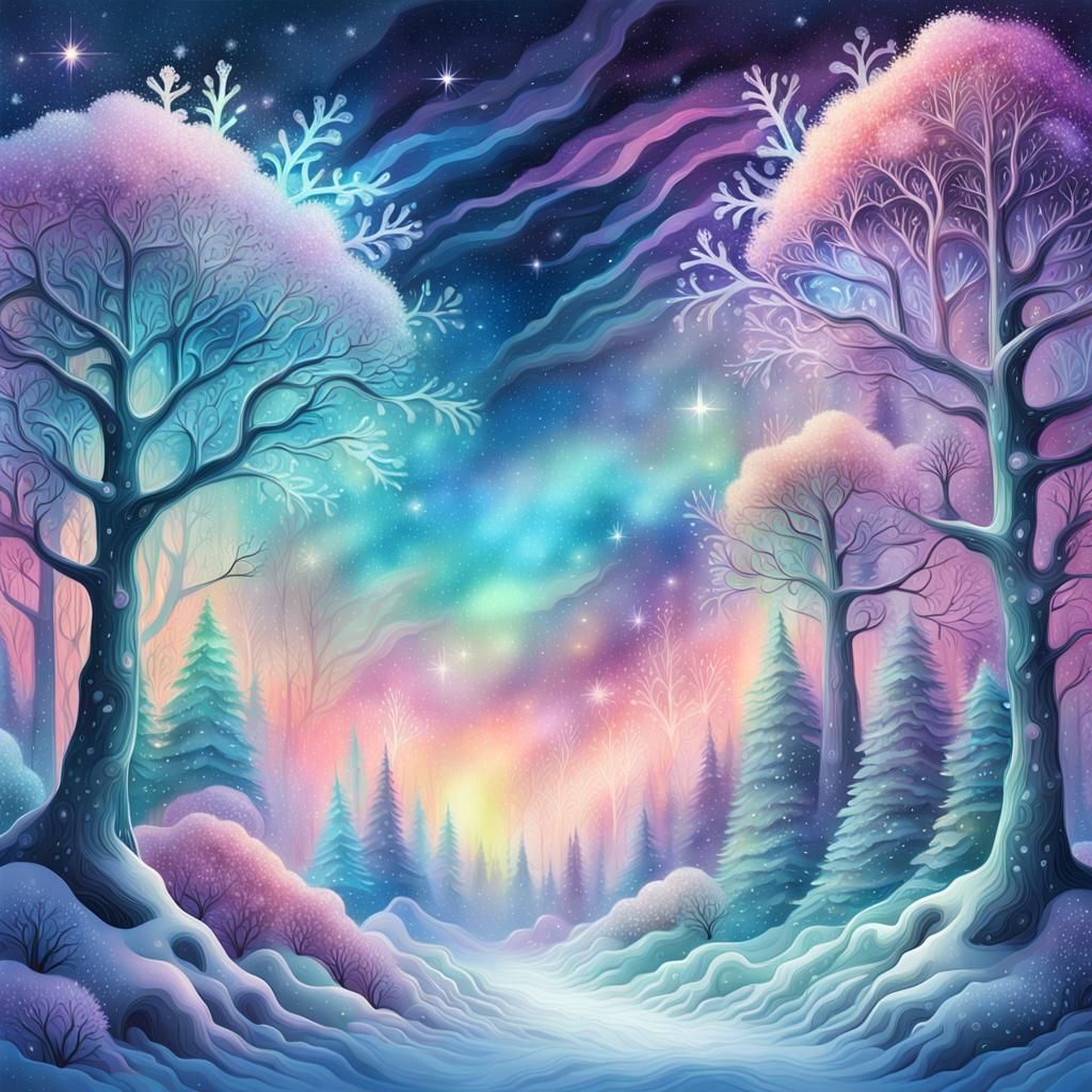 Ethereal Winter Wonderland in Vibrant Astral Cosmic Style