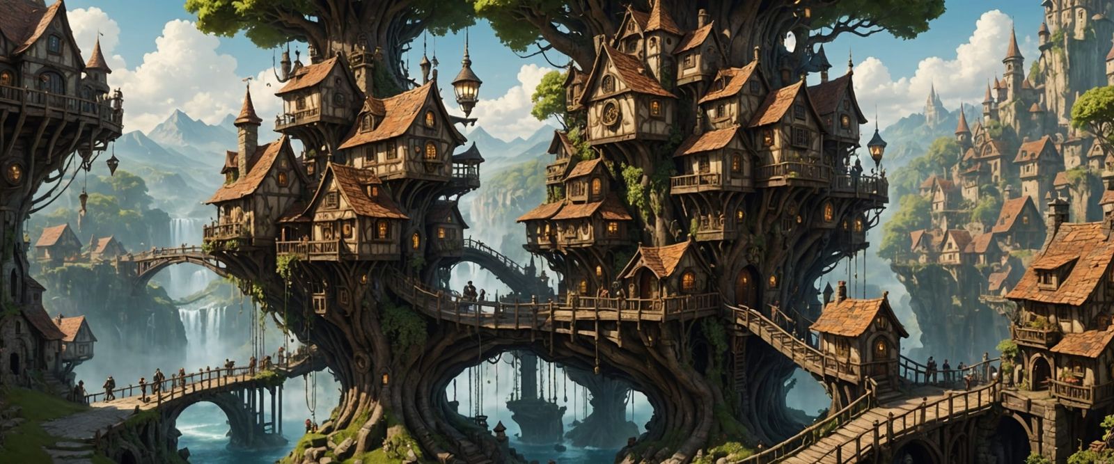 Intricate Steampunk Treehouse Village in Oil Painting Style