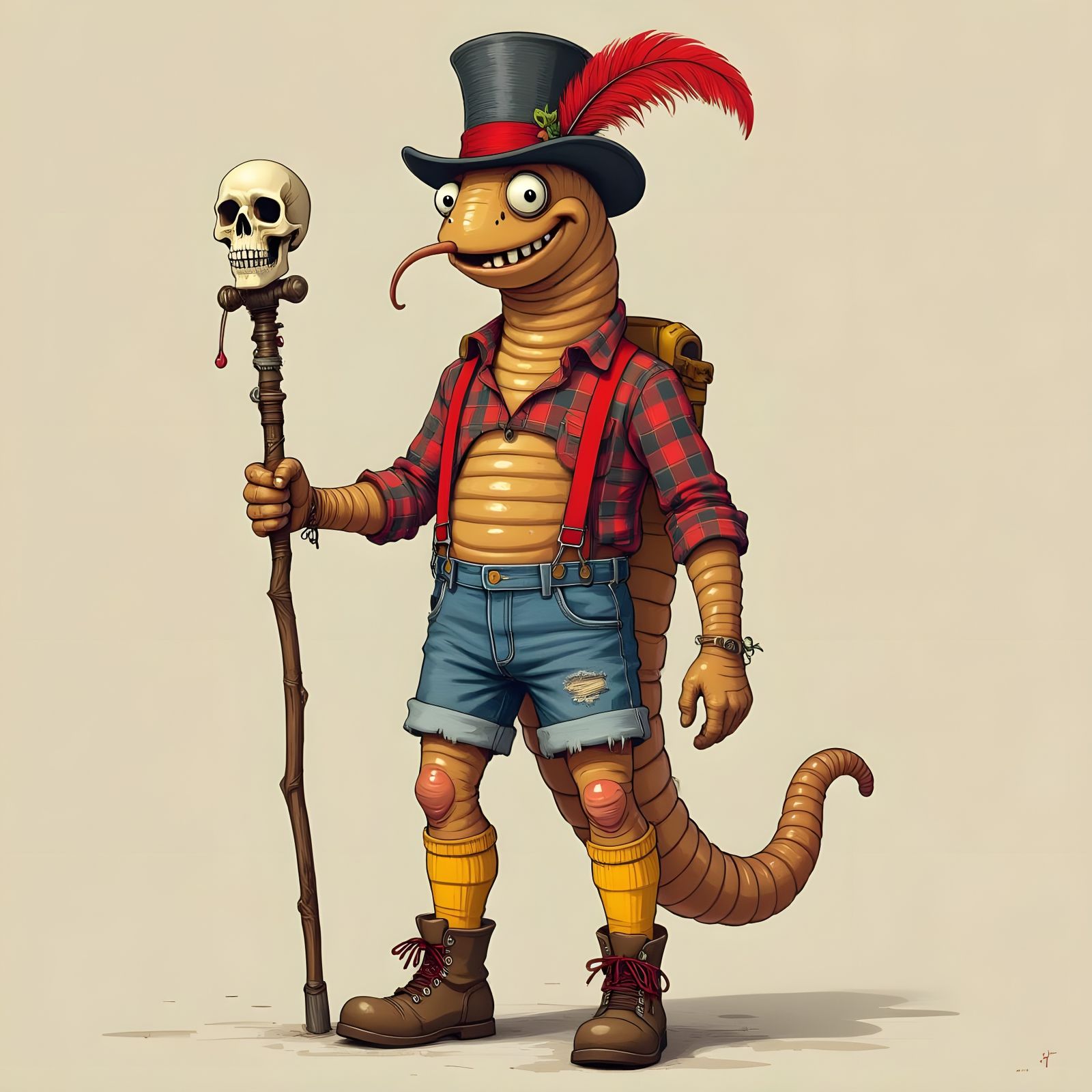 Humanoid Earthworm with Top Hat and Walking Stick