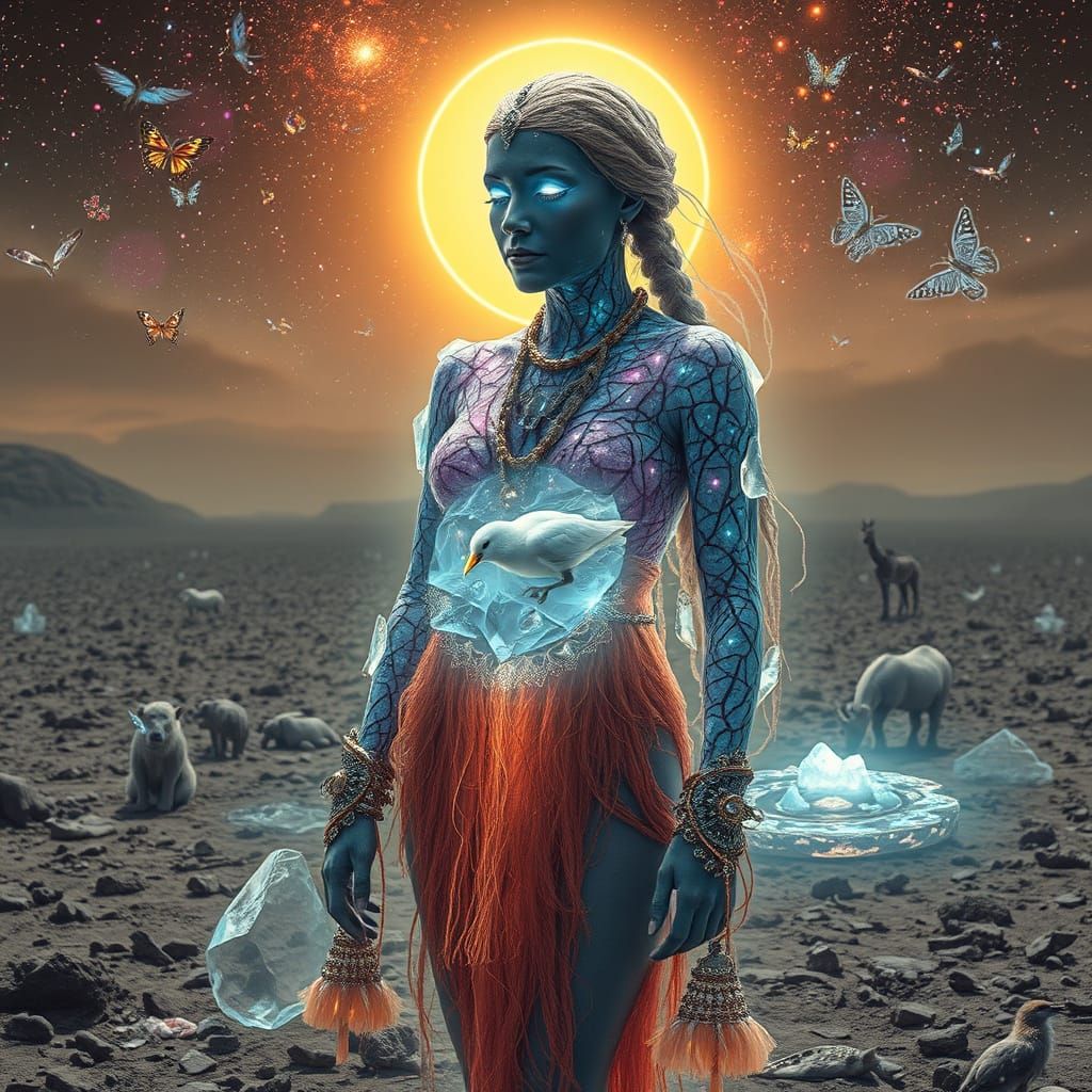 Mystical Shaman with Bioluminescent Core in Cosmic Landscape