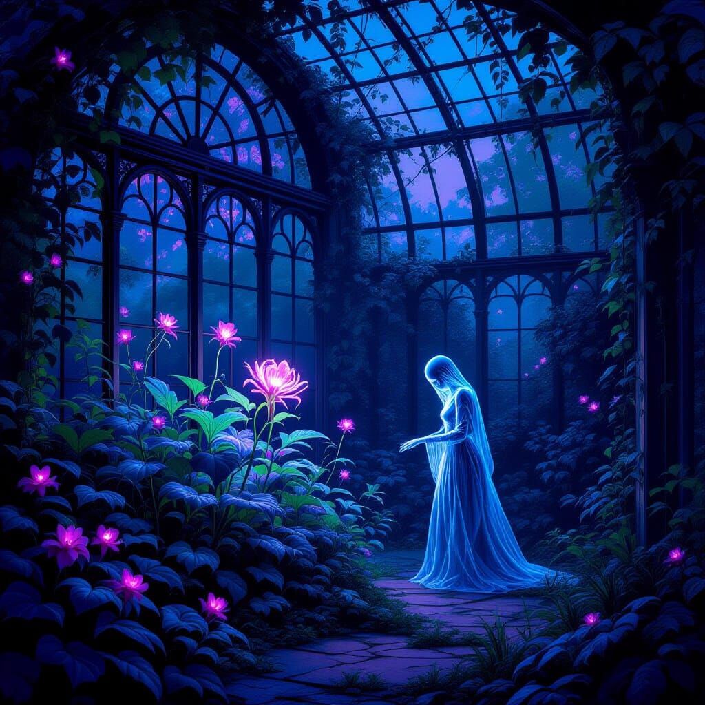 Ethereal Twilight Greenhouse with Bioluminescent Flora