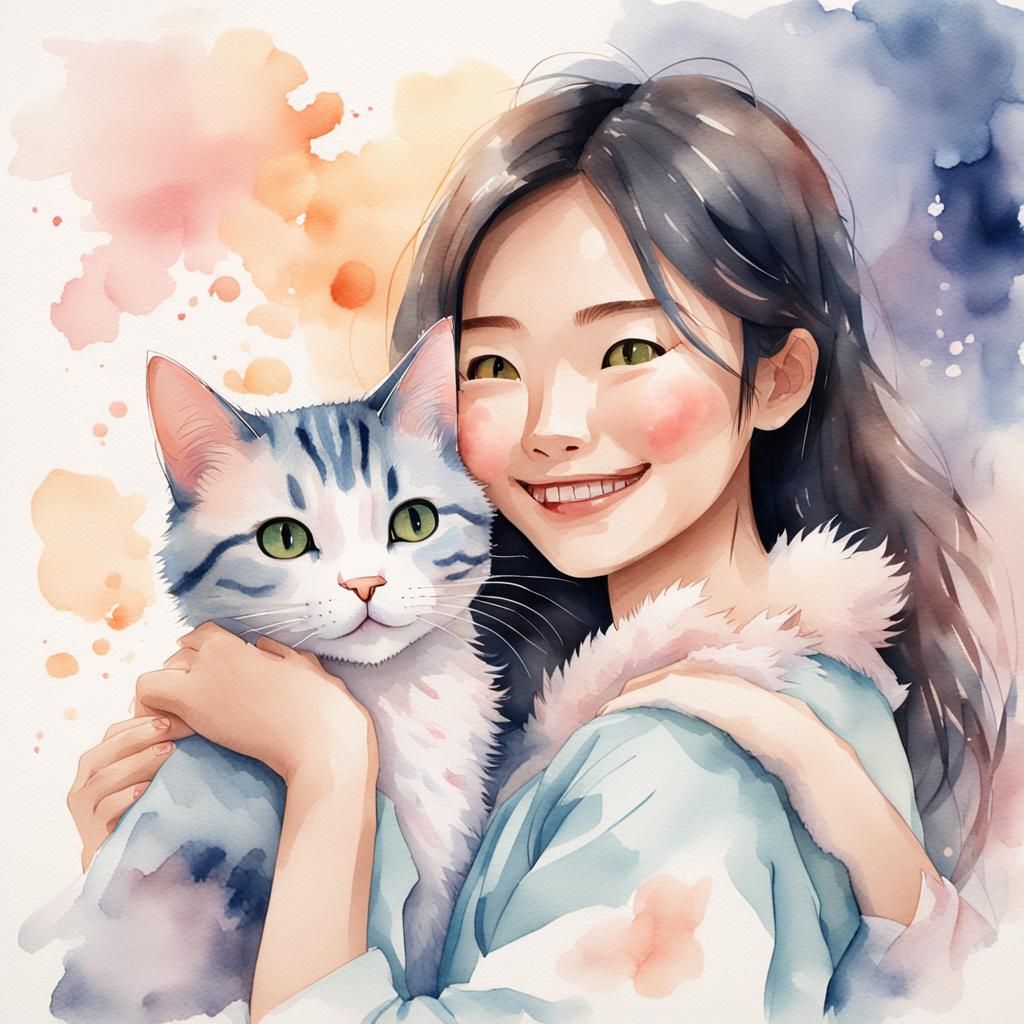 Whimsical Watercolor Portrait of Asian Woman with Kawaii Cat