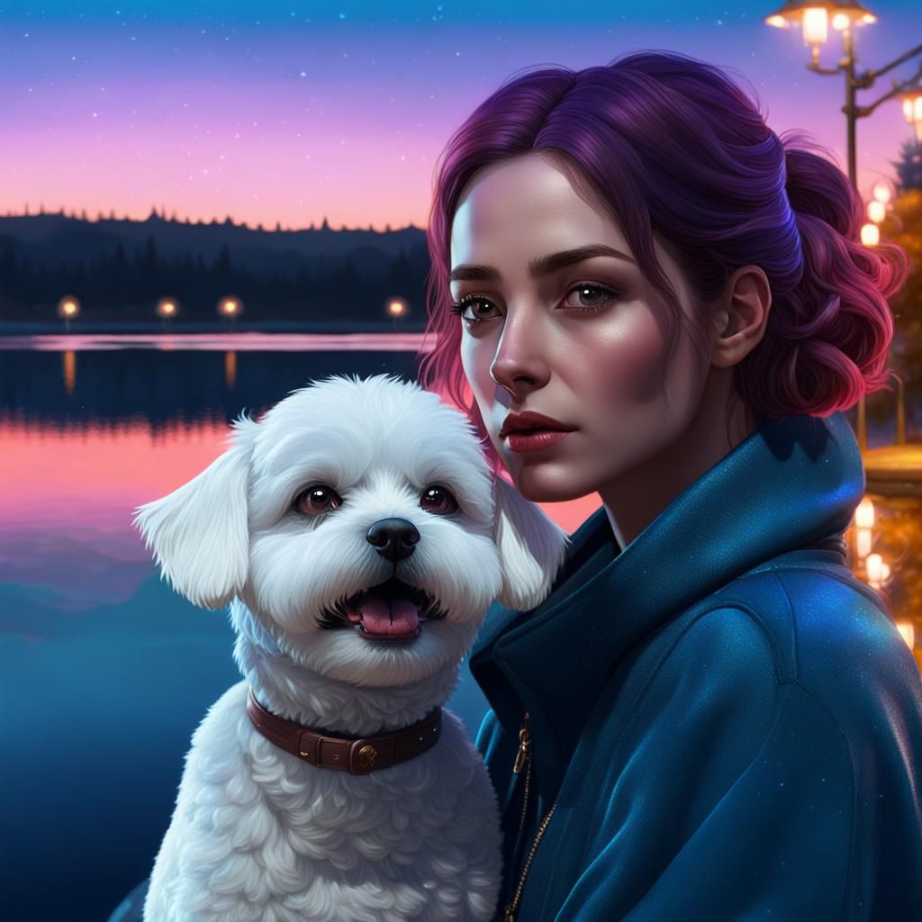 Young Girl and Furry Friend Stroll by Nightly Lake