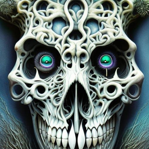 Surreal Macabre Masterpiece with Twisted Bone Mask and Eerie...