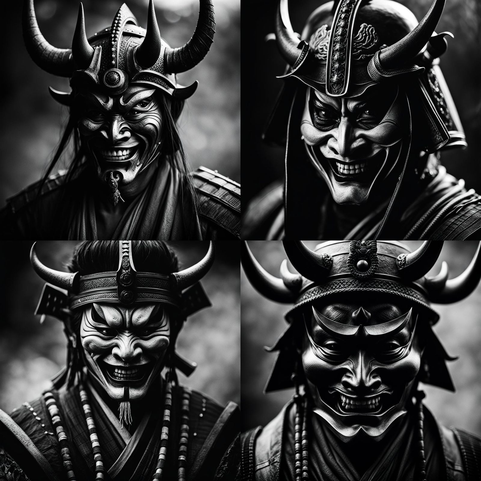 Sinister Samurai Demon Mask in Black and White