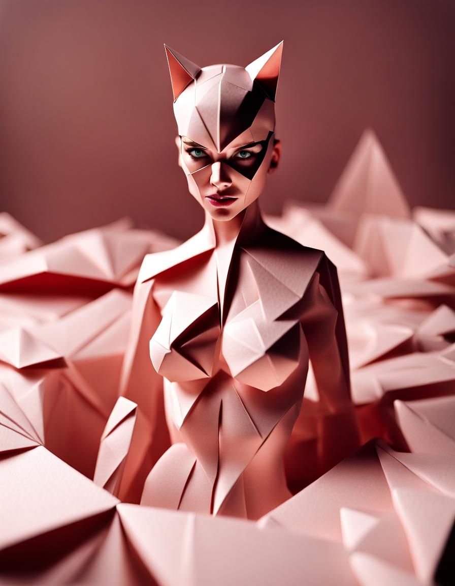 Catwoman Emerges from Milk Bath in Origami Style