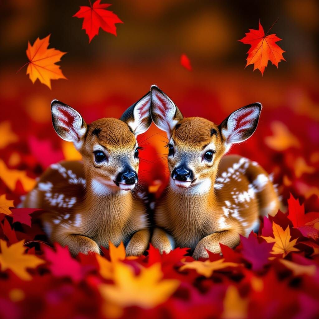 Joyful Fawns Amidst Autumn Leaves
