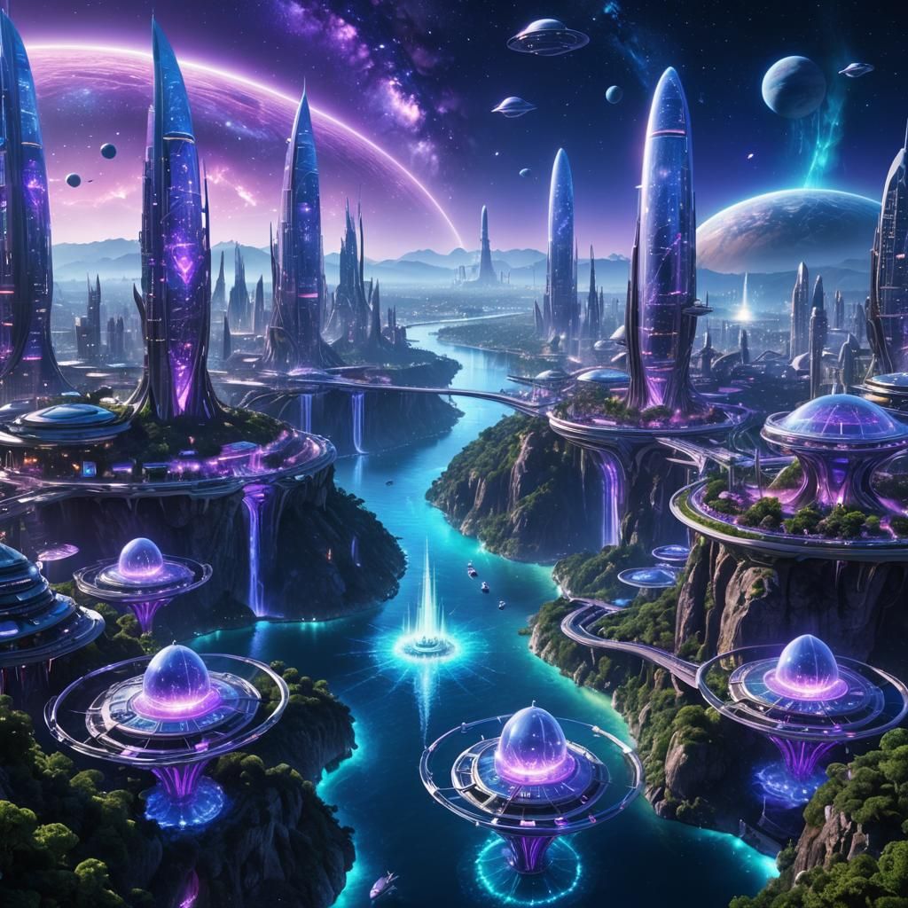 Futuristic Eco-Friendly Alien Cityscape in Vibrant Neon