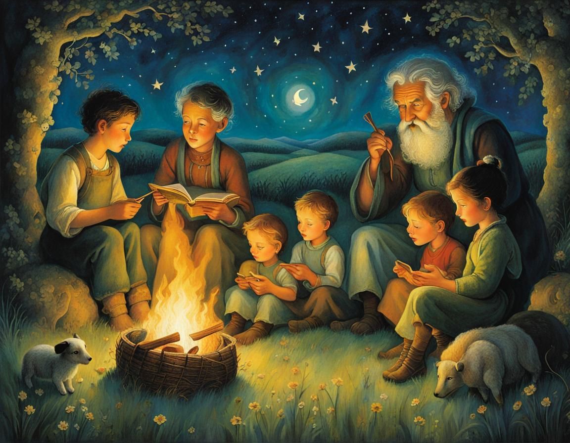 Shepherd's Campfire Tales: An Expressionist Scene