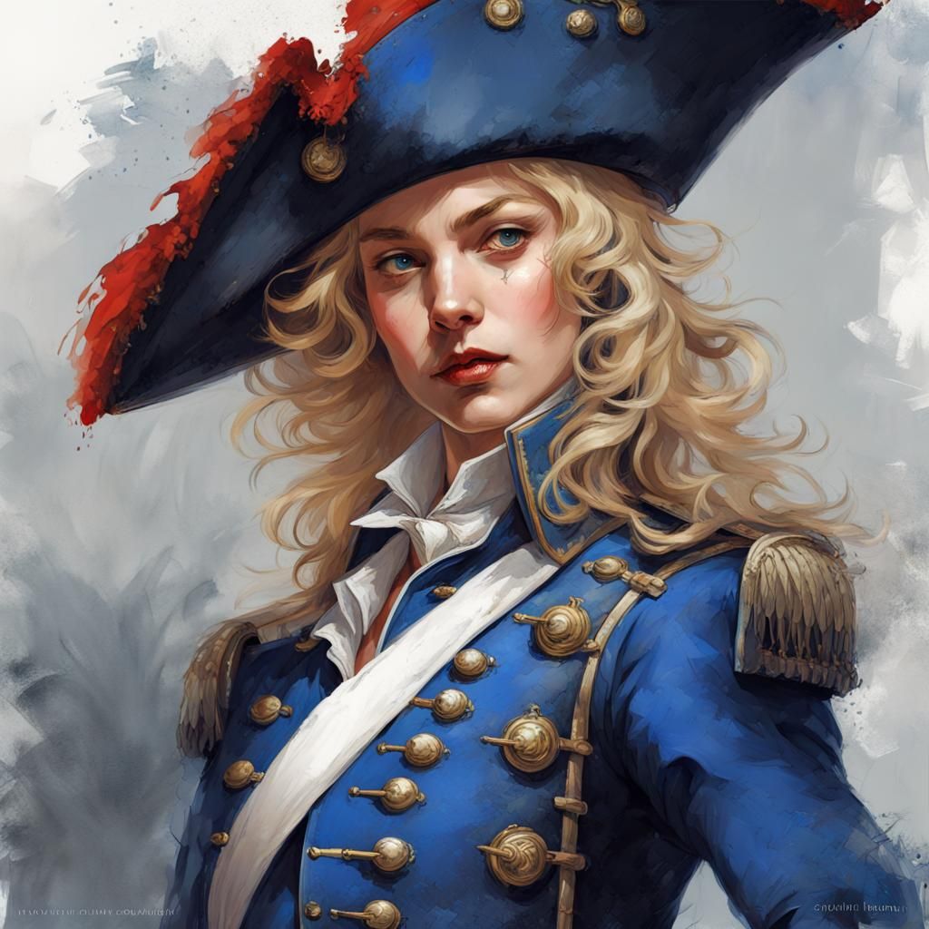 Beautiful French woman wearing a musketeer uniform from the xviii century
