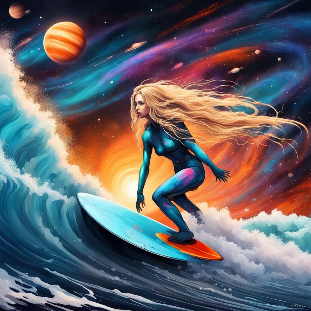 Ethereal Surfing Goddess in Cosmic Harmony