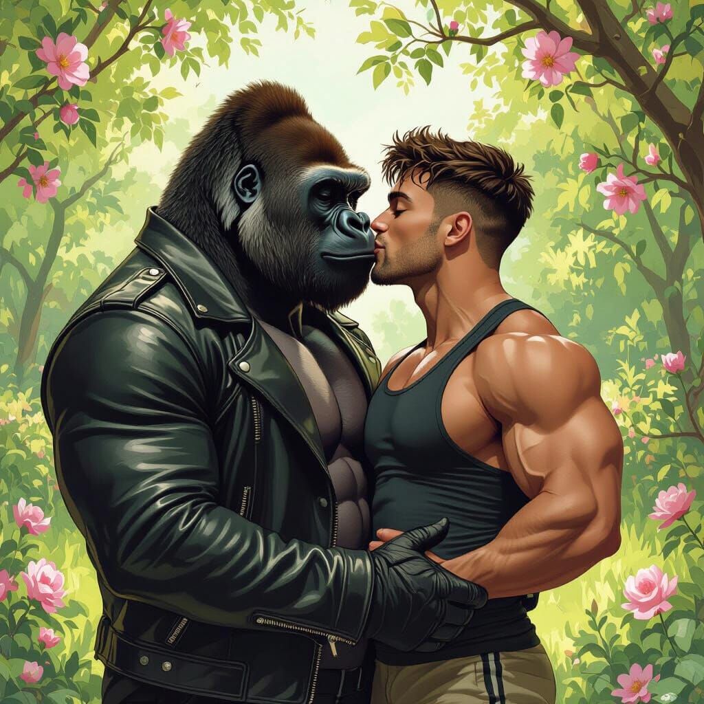 Gorilla and Bodybuilder Kiss in Park, Lo-fi Style