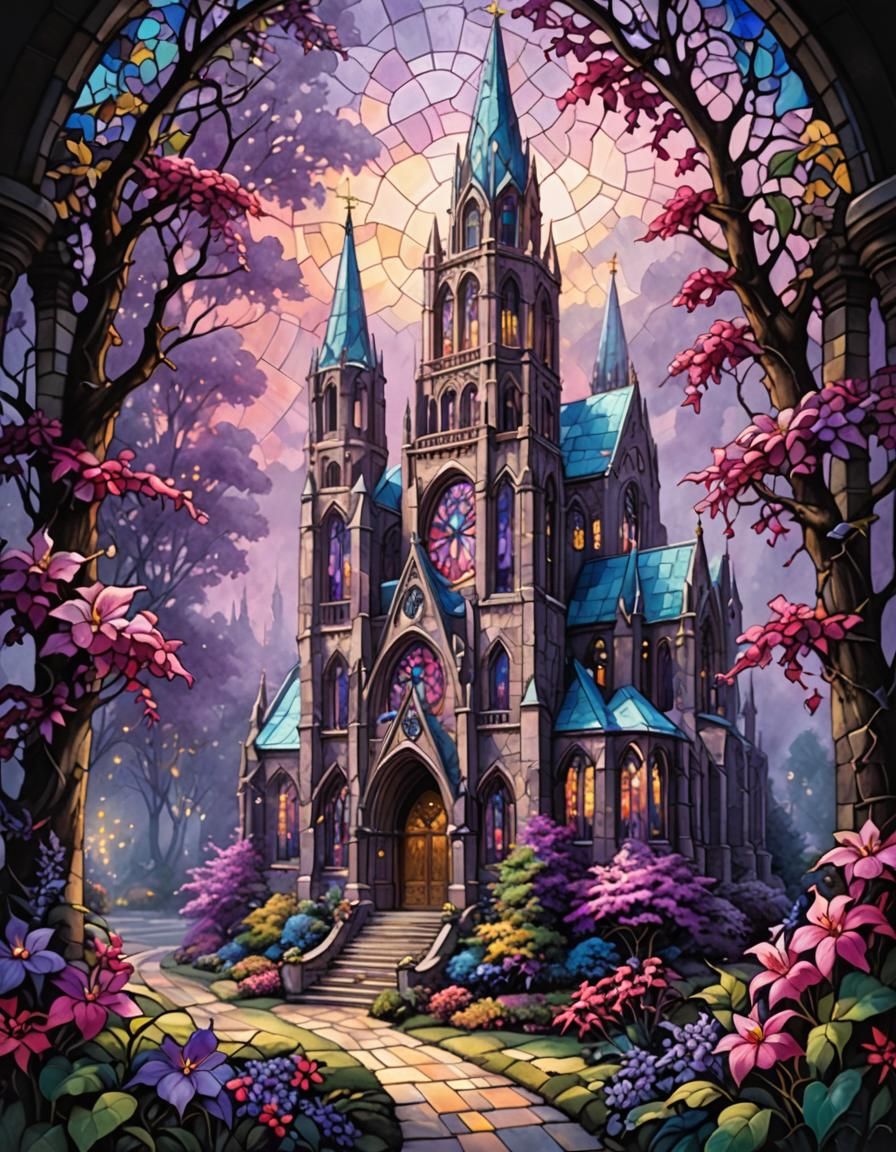 Vibrant Purple Stain Glass Cathedral in Whimsical Fantasy La...